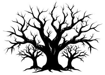 Obraz premium Dark tree branches create a creepy black silhouette against a stark white backdrop, evoking a sense of mystery and the eerie beauty of nature.