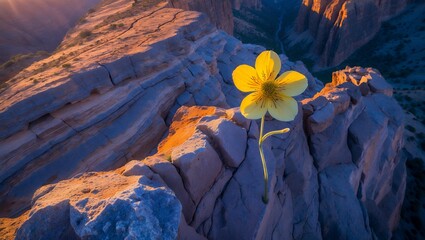 Yellow Flower Growing on Rocky Cliffside at Golden Hour with Sunlight