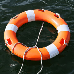 Bright orange lifesaving buoy floats on calm water, ready for emergency use. Its reflective stripes enhance visibility, ensuring safety