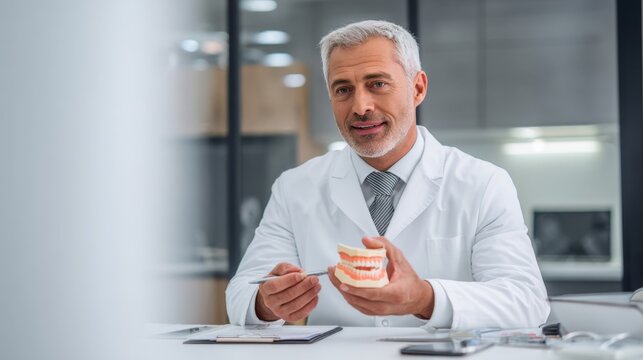 Smiling dentist holding dental model presents teeth care education and demonstrates oral hygiene in clinic.