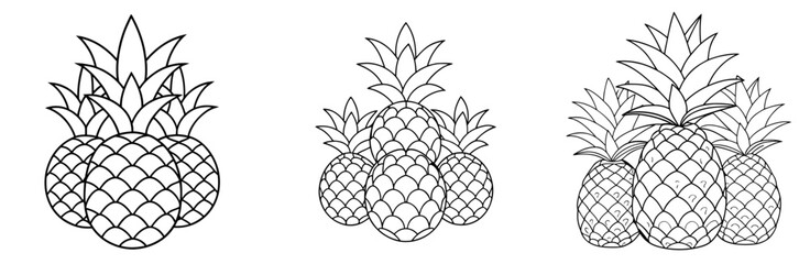 Various Pineapples Outline - Coloring Book Page Line Art Vector