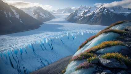 Glacier Landscape with Flowers Snowy Mountains and Ice Formations