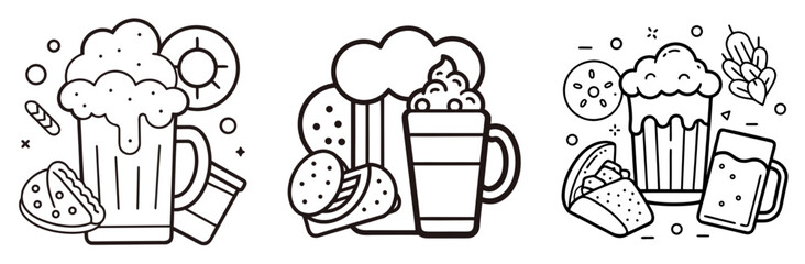 Vintage Beer Snacks Outline - Coloring Book Page Vector Design