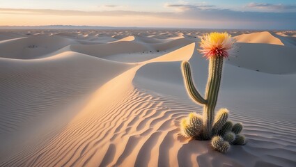 Blooming Cactus in Desert Landscape at Sunset with Soft Hues