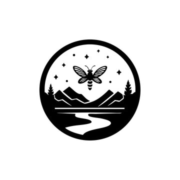 Minimalist vector of a glowing firefly above a night landscape with mountains, trees, and river trail, symbolizing guidance, mystery, and nature&rsquo;s wonder.
