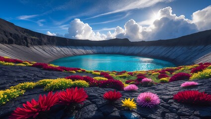 Crater Lake with Flowers and Clouds A Volcanic Landscape