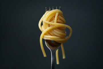 Metal fork lifting a portion of spaghetti on a dark background