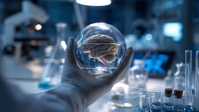 A scientist holds up an anatomical brain model inside a glass sphere in his laboratory. Laboratory equipment and test tubes surround the scene. Photorealistic. . - Powered by Adobe
