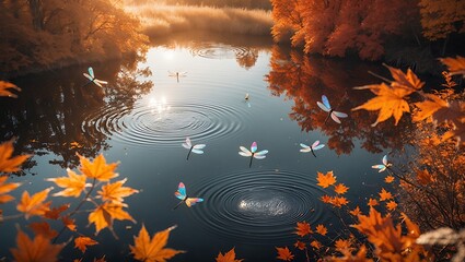 Dragonfly Flying Over Autumn Lake with Reflections and Orange Leaves