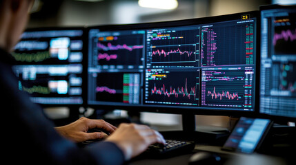Person analyzing financial data on multiple computer screens, showcasing stock market trends and graphs. atmosphere is focused and professional