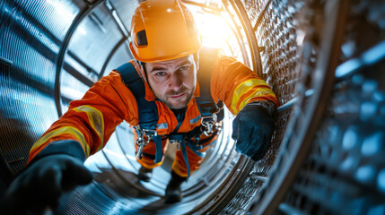 Climbing technician in safety gear ascends wind turbine, showcasing determination and focus in challenging environment