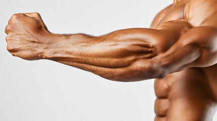 Strong Arm Flexing Isolated on White Background, Highlighting Muscular Definition and Toned Physique for Fitness Concepts