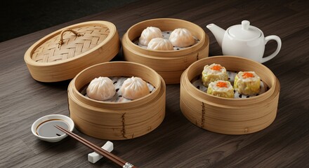 Assortment of dim sum in bamboo steamers with teapot and soy sauce on a wooden surface top view