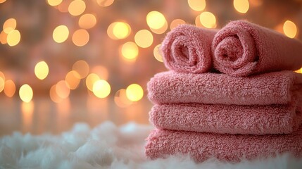 Soft Pink Towels Stacked Aesthetically with Warm Bokeh Background for Spa and Relaxation Therapy Settings
