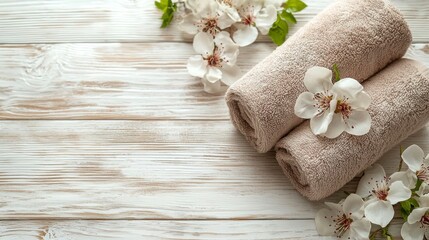 Relaxing Spa Therapy Space with Soft Towels and Beautiful White Flowers for Essential Wellness and Serenity