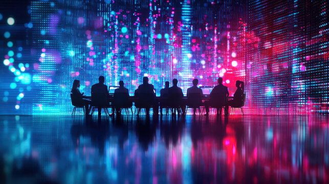 Diverse team brainstorming ideas in modern conference room, illuminated by vibrant digital lights, creating inspiring atmosphere