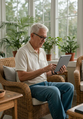 Senior Man Enjoying Technology in Sunroom with Tablet, Older Gentleman Relaxing with Modern Device Amidst Plants
