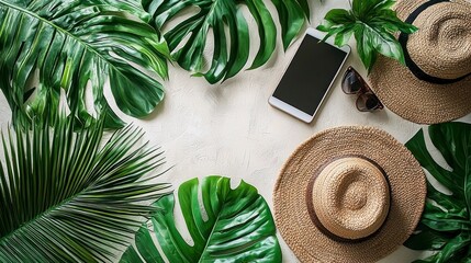 Relaxing Remote Work Space Surrounded by Lush Greenery, Sun Hats, Smartphone, and Sunglasses for a Vacation Vibe