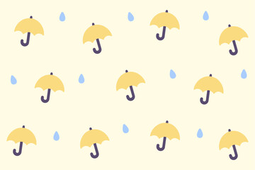 Playful yellow umbrella and raindrop pattern on a yellow background. Perfect for rainy day-themed prints, cheerful wrapping paper, or kids' decor.