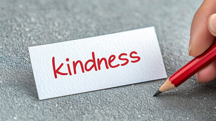 A person is writing the word kindness on a piece of paper with a red pencil