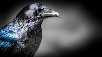 Exquisite raven with iridescent feathers, showcasing vibrant colors and intricate details, evokes sense of mystery and beauty