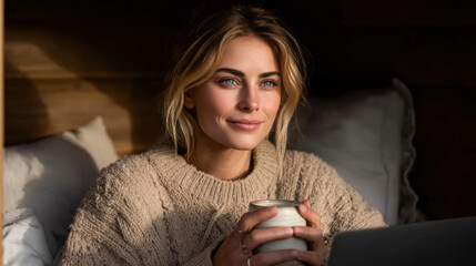 Cozy knit sweater, young woman, warm light, holding cup, relaxed atmosphere, working on laptop, smiling softly