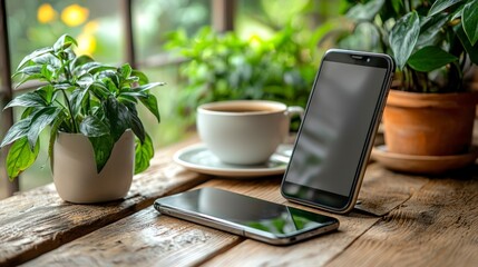 Modern Mobile Lifestyle Workspace with Coffee and Green Plants in Natural Light