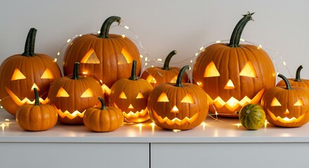 温かい光輝くカボチャ群 ハロウィン飾り付け. AI Generated