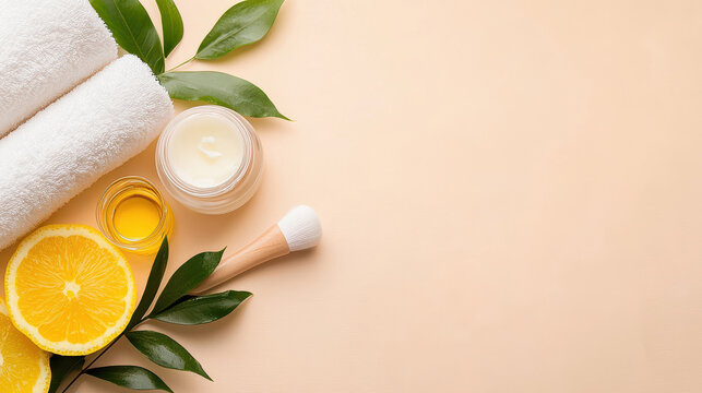 Fresh towels, citrus fruits, and skincare products create calming spa atmosphere, perfect for relaxation and rejuvenation