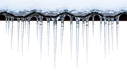Long sharp icicles hanging from snowy roof edge
