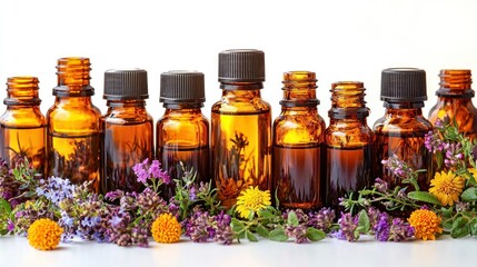Beautiful arrangement of amber bottles with essential oils and flowers for holistic healing and wellness photography.