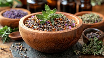 Realistic Herbal Medicine Ingredients in Wooden Bowl Surrounded by Fresh Herbs and Essential Oils Bottles