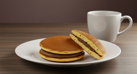 Close up of dorayaki pancakes filled with chocolate and a white mug on a wooden table top view