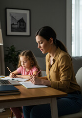 Mother and Daughter Studying Together at Home, Creating a Learning Environment for a Child's Development