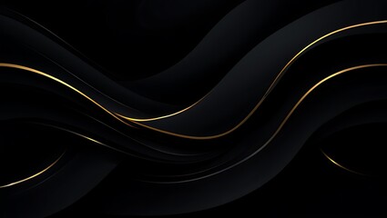 Elegant Black and Gold Abstract Waves Background, Sophisticated Black Backdrop with Golden Line Accents and Wavy Designs