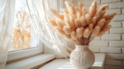 Serene Indoor Scene with Dried Pampas Grass in Artistic Vase by Bright Window