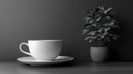 Serene Minimalist Composition Featuring A White Cup On A Saucer Beside A Plant Against A Dark Textured Background