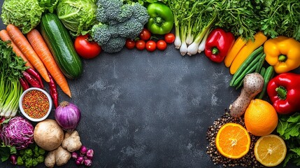 Fresh and Colorful Vegetables and Fruits on Dark Background for Healthy Eating and Clean Lifestyle Photography