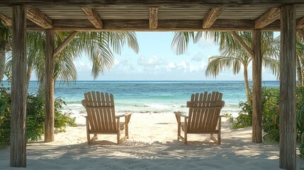 Serene Beachside Office Space with Two Chairs Under a Wooden Structure Overlooking the Ocean and Palm Trees