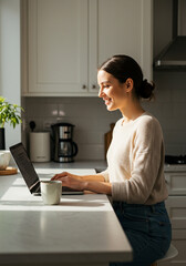 Young Woman Working on Laptop in Kitchen, Smiling with Natural Light, Modern Kitchen Setting with Happy Professional, Laptop Work