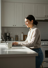 Young Woman Working on Laptop in Sunny Kitchen at Home, Woman Enjoying Morning Coffee and Laptop Work in Bright Kitchen