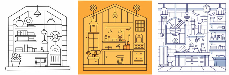 Fototapeta premium Workshop Interior Outline - Coloring Book Page Vector Design