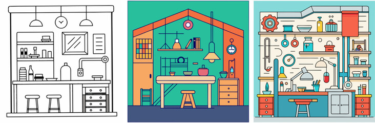 Workshop Interior Outline - Coloring Book Page Vector Design
