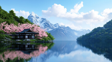 Obraz premium Tranquil landscape featuring serene lake surrounded by majestic mountains and blooming cherry blossom trees, evoking sense of peace and beauty