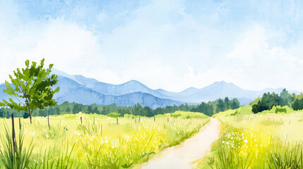 Serene watercolor landscape featuring rolling hills, clear blue sky, and winding path through lush green fields. scene evokes tranquility
