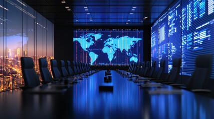 Modern conference room featuring large digital world map display, sleek black chairs, and panoramic city view night, creating sophisticated