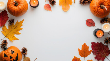 Autumn leaves, pumpkins, and candles create cozy, festive atmosphere perfect for Halloween celebrations