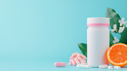 White bottle with pink lid sits on blue background, surrounded by colorful capsules and orange slice, evoking fresh and vibrant feel