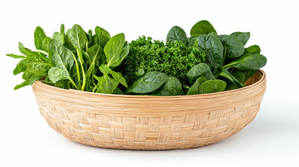 Fresh green vegetables in woven straw basket create vibrant and healthy display. lush spinach and kale evoke sense of freshness and vitality