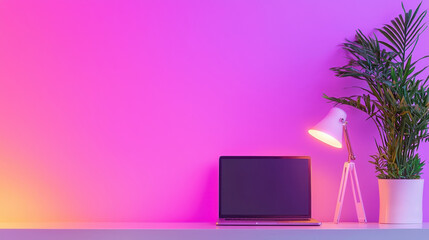 Modern workspace featuring laptop, stylish desk lamp, and potted plant against vibrant purple wall, creating calming atmosphere